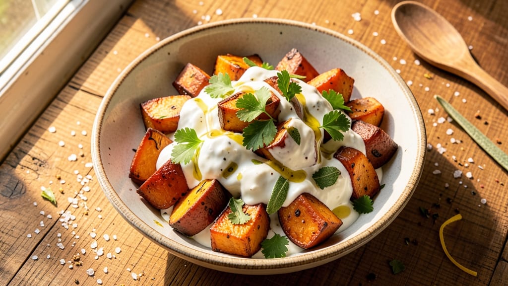 Warm Sweet Potato Salad Recipe: Spiced Roasted Roots With Creamy Herb Dressing