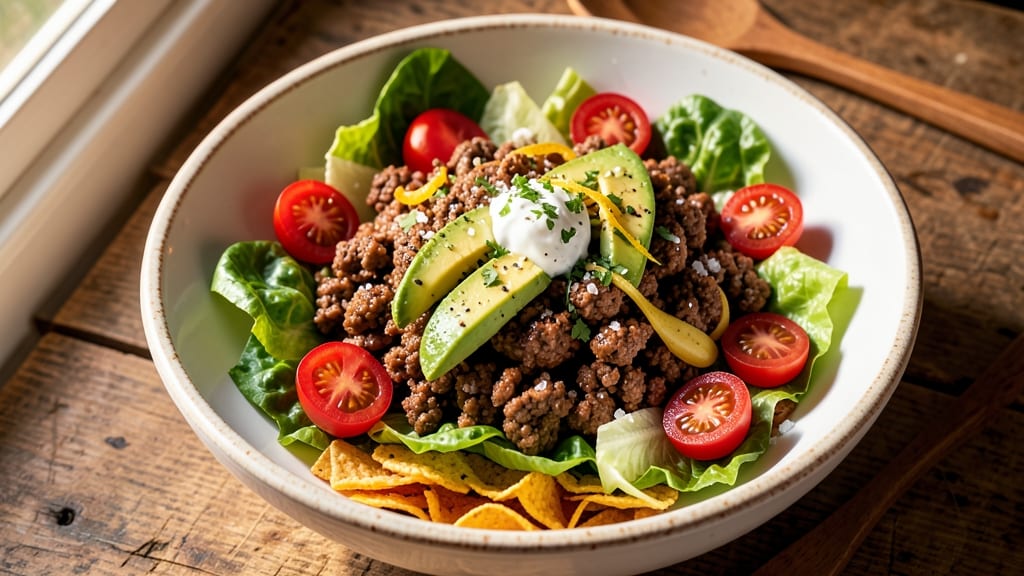 Cold Taco Salad Recipe With Ground Beef: Crunchy Tortilla Chips and Zesty Lime Dressing Fusion