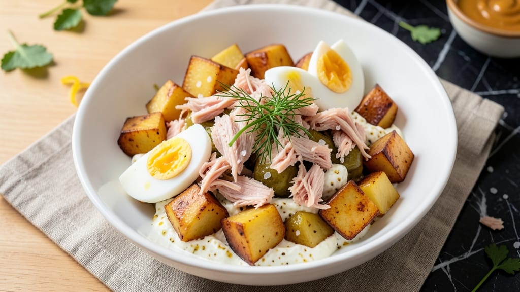Tuna Egg Potato Salad Recipe: Silky Mayo-Free Texture with Crunchy Celery Crowns