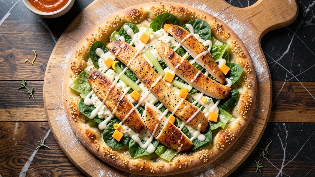 Chicken Crust Caesar Salad Pizza Recipe: Crispy Celery Crowns and Smoky Herb Cheese Fusion