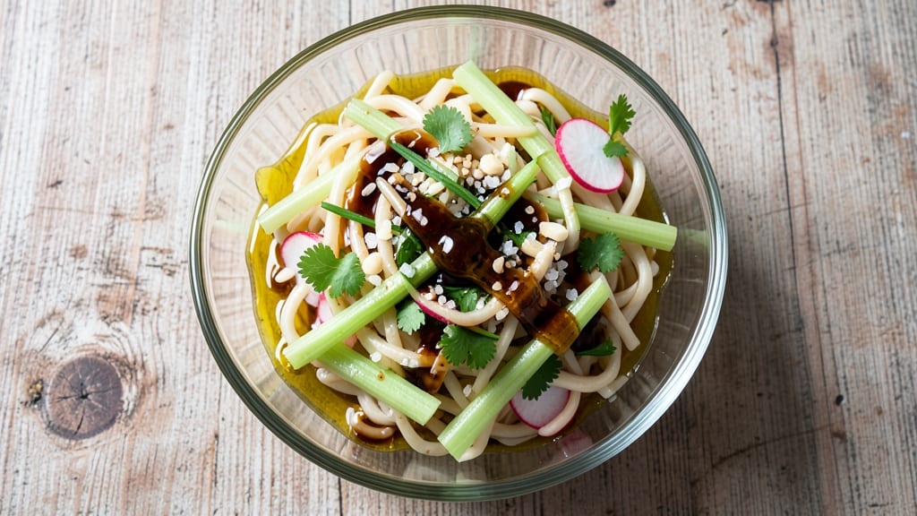 Cold Noodle Salad Dressing Recipe: Lemon-Garlic Vinaigrette with Crisp Celery Crowns
