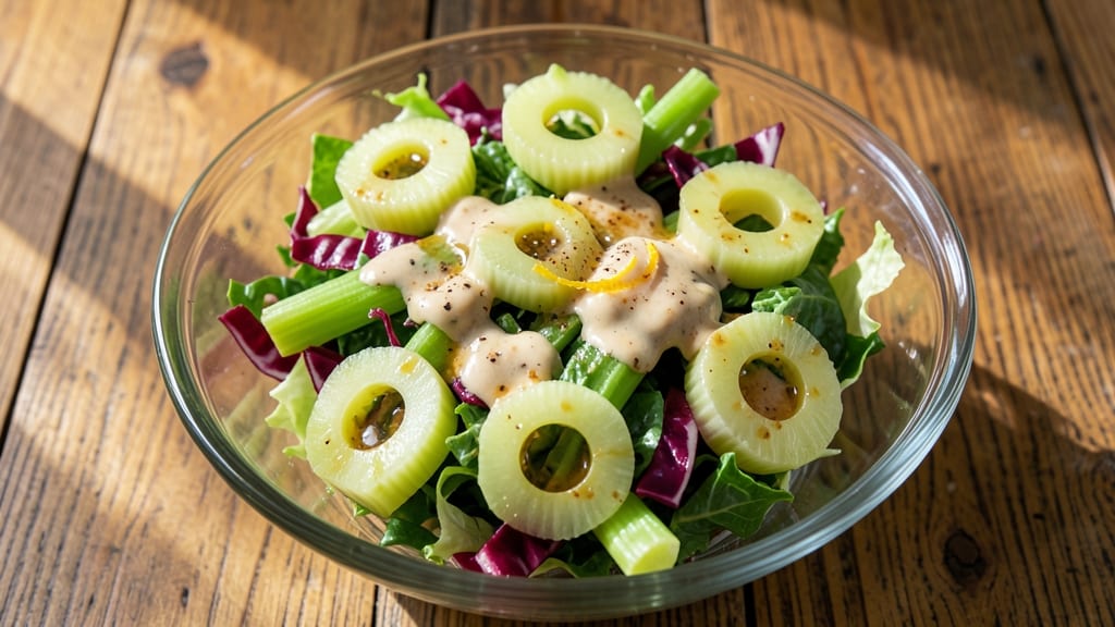 American Beauty Frog Eye Salad Recipe: Celery Crowns and Creamy Herb Cheese Fusion With Zero Mayo Cling