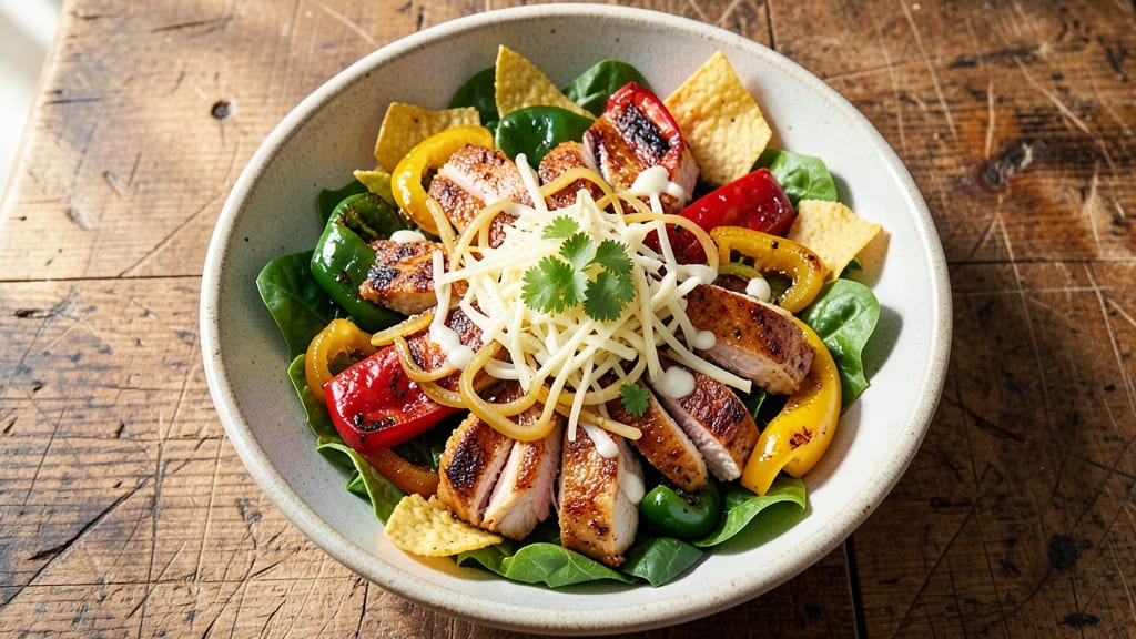 Chicken Fajita Taco Salad Recipe: Sizzling Peppers and Onions Over Crunchy Layers
