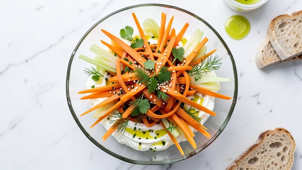 Cassie Yeung's Carrot Ribbon Salad Recipe: Celery Crown Crunch with Creamy Herb Cheese Twist