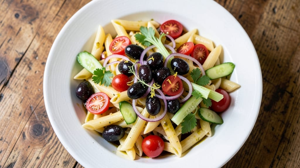 Vegan Greek Pasta Salad Recipe: Crisp Celery Crowns and Herbed Lemon Dressing Fusion