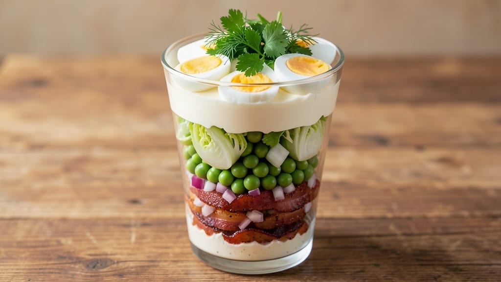 7 Layer Green Pea Salad Recipe: Celery Crown Crunch and Creamy Herb Cheese Layers