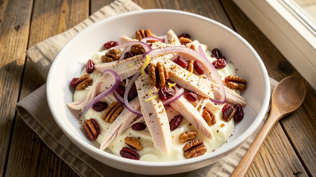 Chicken Salad Recipe With Walnuts, Cranberries, and Red Onion: Crunchy Nut-Tart Balance in 20 Minutes
