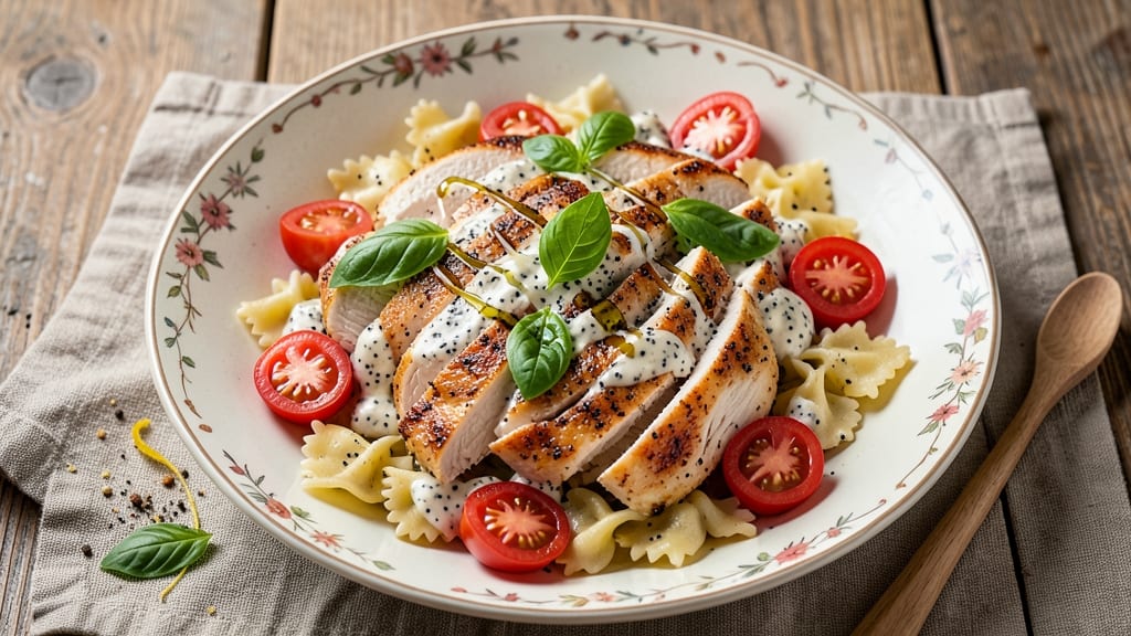 Chicken Pasta Salad Recipe with Poppy Seed Dressing: Crisp Celery Crowns and Nutty Sweetness