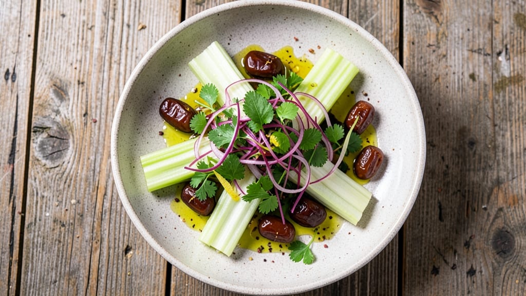 Celery Date Salad Four Horsemen Recipe: Crunchy Celery Crowns with Sweet Tart Dates and Creamy Herb Dressing Fusion