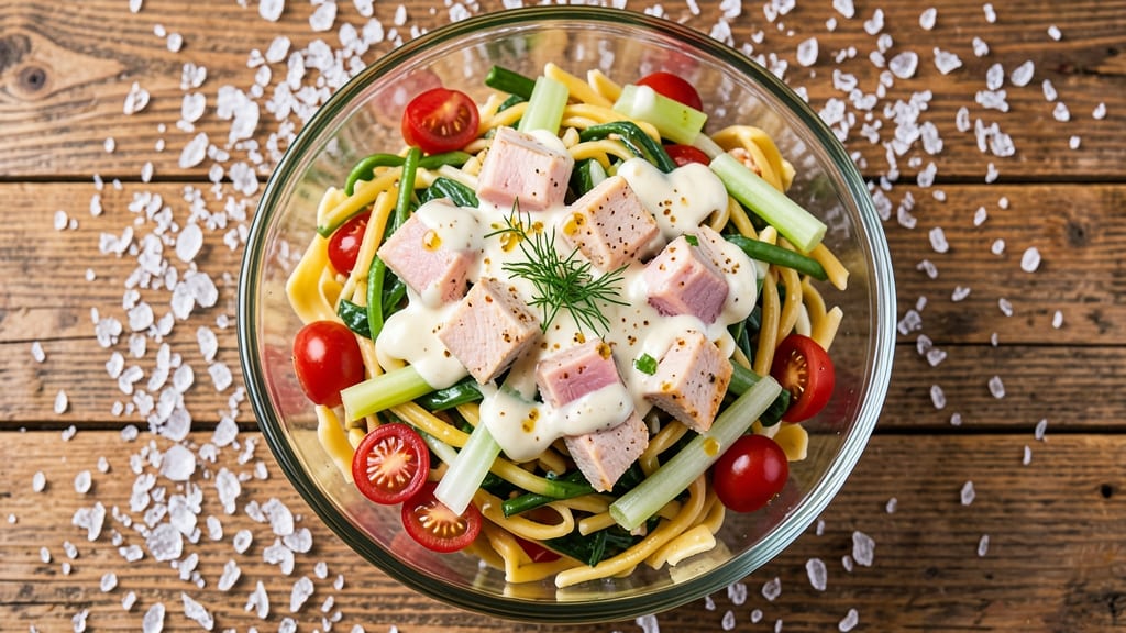 Cold Chicken Pasta Salad Recipe With Mayo: Shredded Chicken and Tri-Color Pasta Harmony