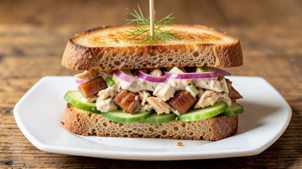 Chicken Salad Club Sandwich Recipe: Crisp Celery Crowns and Herb Cheese Layers
