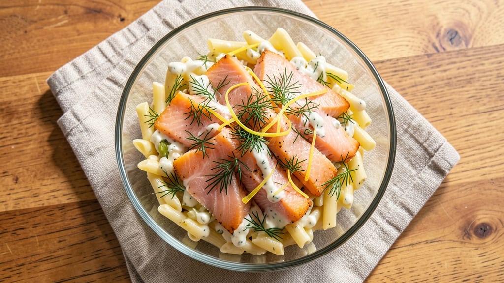 Cold Salmon Pasta Salad Recipe: Smoky Dill Dressing Keeps Celery Crisp for Hours