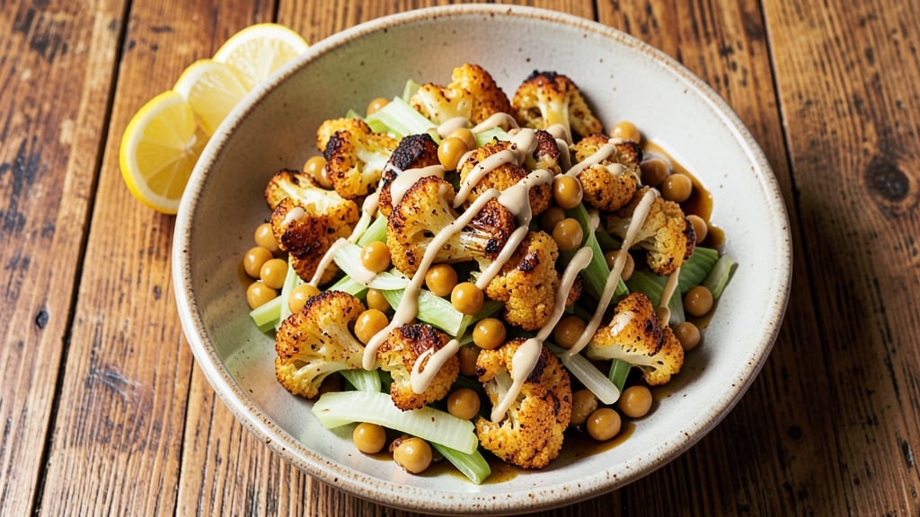 Cauliflower Chickpea Salad Recipe: Crisp Celery Crowns and Zesty Lemon-Tahini Dressing